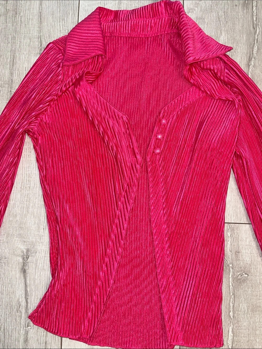 Pleated Satin Half Button Front Top - Fuchsia Pink XS- never worn! - Picture 4 of 6
